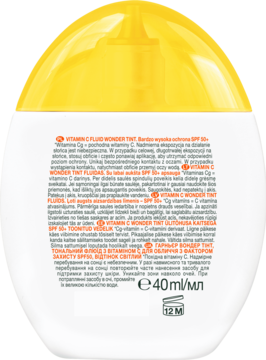 Tył białej butelki Vitamin C Wonder Tint Fluid SPF 50+ z żółtym aplikatorem i wielojęzycznym opisem.