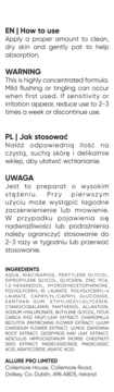 Tył opakowania z instrukcją użycia i listą składników dla wysoko skoncentrowanego produktu Allure Pro.