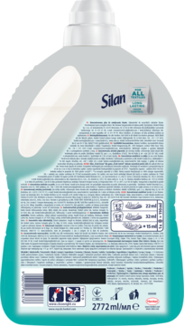 Tył butelki Silan 2772ml płynu do płukania wszystkich tkanin, z etykietą i instrukcją dozowania.