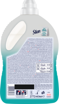 Silan Fresh Control Fresh Ocean płyn do płukania tkanin, tył opakowania z etykietą, kodem kreskowym, miarką i napisem 2772 ml.