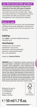 Tył białego opakowania serum dermokosmetycznego tołpa 50ml z fioletowymi nagłówkami, składem i logo FSC.