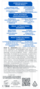 Tył opakowania kremu Mixa Anti-Reaction 50ml, widoczna etykieta z listą składników i niebieskimi nagłówkami.