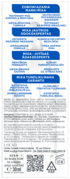 Tył opakowania serum Mixa Anti Reaction 30ml z gwarancjami, składnikami, QR kodem i symbolami. Opisy w 4 językach.