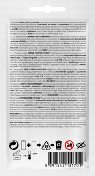 Tył białej saszetki Pimple Fighter Patches z opisem, składnikami (Niacinamide, Tea Tree Oil) i kodem.