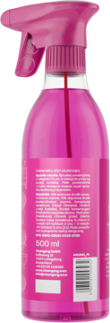 Różowy uniwersalny spray do czyszczenia 500 ml, tył z etykietą, polskim tekstem składników i kodem.