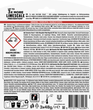 Tył opakowania Domestos Blue Water Magnolia kostka toaletowa, z tekstem w wielu językach i ikonami ostrzegawczymi.