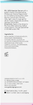 Tył opakowania serum 20% Azeclair z azeloglicyną. Widoczny szczegółowy opis, skład INCI i dane producenta.