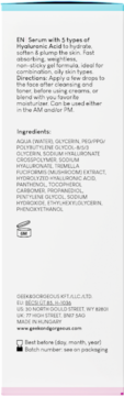 Tył opakowania serum Geek&Gorgeous HA 5 Light z listą składników i opisem działania.