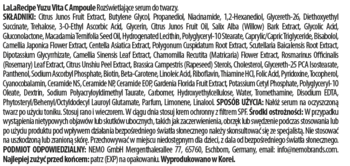 Fragment etykiety LalaRecipe Yuzu Vita C Ampoule ze składem i instrukcjami użycia na białym tle.