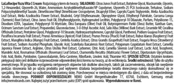 LalaRecipe Yuzu Vita C Cream. Tył opakowania z pełną listą składników i informacjami w języku polskim.
