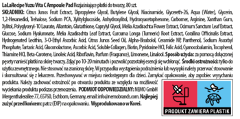 Tył opakowania LalaRecipe Yuzu Vita C Ampoule Pad, z polskim tekstem składu i ikonami: nie spłukuj, zawiera plastik.