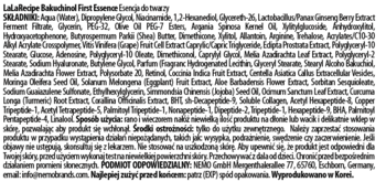 Tył opakowania LalaRecipe Bakuchinol First Essence z listą składników i instrukcjami użycia na białym tle.