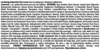 Tył opakowania LalaRecipe Bakucinol Gua Sha Eye Cream z polskim tekstem o składzie i środkach ostrożności.