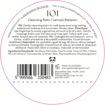 Tył opakowania 101 Cleansing Balm, biała okrągła etykieta z instrukcją, składem i kodem kreskowym.