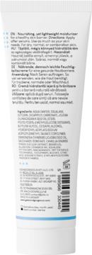 Tył białej tubki nawilżającego kremu ze skwalanem, z widoczną listą składników i kodem kreskowym.