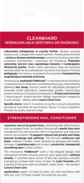 CLEAR&HARD Wzmacniająca odżywka do paznokci, butelka na górze, opis działania produktu na czerwono-białym tle.