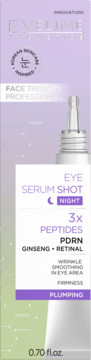 Fioletowe serum do oczu Eveline Night Shot z Peptydami i Retinalem w butelce z kroplomierzem.