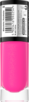 Różowy lakier do paznokci Eveline Electric Fuchsia, tył butelki z etykietą i kodem kreskowym.
