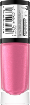Błyszczący, różowy lakier Eveline Tea Rose Sparkling 8ml, butelka z czarną nakrętką, widok z tyłu.