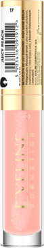 Błyszczyk Eveline Cosmetics Diamond Glow Juicy Peach 17 w przezroczystej tubce ze złotą nakrętką, widok z przodu.