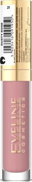 Eveline Cosmetics błyszczyk Diamond Glow Dusty Rose 21, przezroczysta butelka z różowym płynem, widok z przodu.