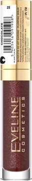 Eveline Cosmetics Diamond Glow błyszczyk w odcieniu chocolate 25, z brązowymi drobinkami, widok z przodu.