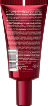 Tył czerwonej tubki WONDER MATCH BB CREAM SPF 50. Widoczne informacje o składnikach, producencie i kod EAN.