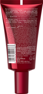 Tył czerwonej tubki WONDER MATCH BB CREAM SPF 50 z białymi napisami, widoczny kod kreskowy i skład.