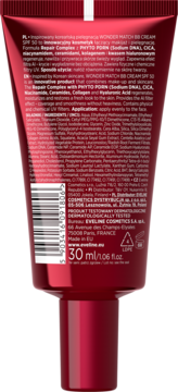 Tył czerwonej tubki WONDER MATCH BB CREAM SPF 50 z CICA i kolagenem, widoczne szczegółowe informacje o składzie.