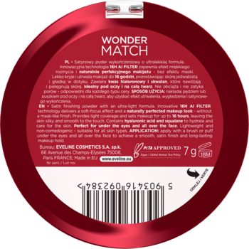 Tył ciemnoczerwonego, okrągłego pudru wykończeniowego Wonder Match, z widocznym kodem kreskowym i polsko-angielskim opisem.