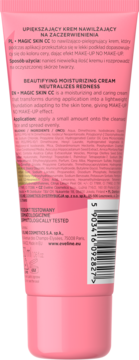 Tył różowej tubki kremu CC Eveline Magic Skin, nawilżającego na zaczerwienienia, z tekstem i kodem kreskowym.