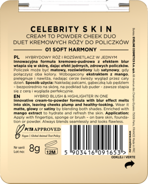 Tył beżowego opakowania hybrydowego różu i rozświetlacza Celebrity Skin. Szczegółowy opis, skład i kod kreskowy.