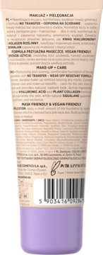 Tył tubki podkładu Eveline Better Than Perfect, beżowy, z fioletową nakrętką, widoczne etykiety i kod kreskowy.