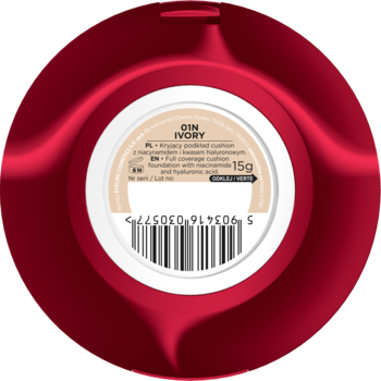 Czerwony, okrągły podkład cushion 01N Ivory o pełnym kryciu. Widok na tył opakowania z etykietą 15g.