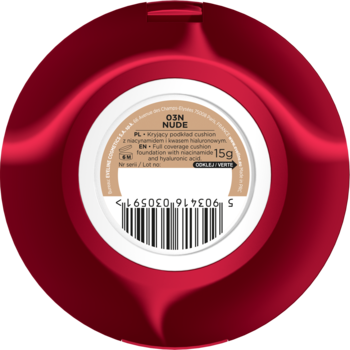 Tył czerwonego, okrągłego podkładu cushion GSN Nude 15g z kodem kreskowym i tekstem o pełnym kryciu.