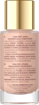 Tył butelki Eveline Skin Tint Primer z etykietą, widoczne składniki i opis „Filter Effect” w j. angielskim.