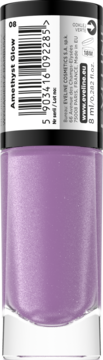 Eveline Cosmetics lakier do paznokci Amethyst Glow, fioletowy z połyskiem, tył butelki z etykietą 8ml.