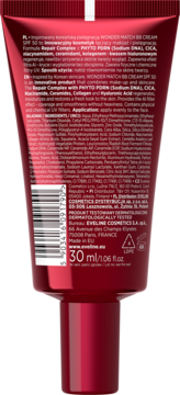 Tył czerwonej tubki Eveline WONDER MATCH BB CREAM SPF 50 z napisami PL/EN i składem, widoczny kod kreskowy.