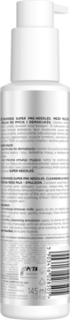 Tył białej butelki Ceramides Super Pre-Needles Mezo-Mlecznej Emulsji do Mycia, z pompką i etykietą 145ml.