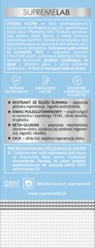 Niebieska etykieta kremu Supremelab Hydra Glow 3w1 z filtrem UV, widok z przodu, opis składników i użycia.