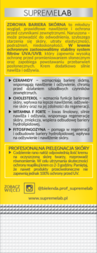 Tył opakowania kremu Supremelab z filtrem UV/UVB dla zdrowej bariery skóry, żółto-szary, widoczny opis składników i użycia.