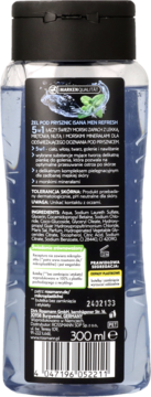 Tył butelki żelu pod prysznic ISANA MEN REFRESH 5w1 z ciemną etykietą i listą składników, 300 ml.