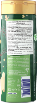 Tył zielonego kremowego żelu pod prysznic Isana Christmas Feelings 300ml, złota nakrętka, etykieta ze składnikami.