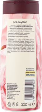 Tył butelki kremowego żelu pod prysznic Bana Cherry Bliss 300 ml, z beżową etykietą, składem i kodem kreskowym.