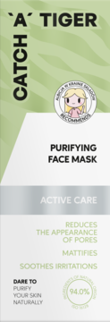 Catch 'A' Tiger Purifying Face Mask. Front view of vertical white-green packaging with tiger pattern, for pores and mattifying.
