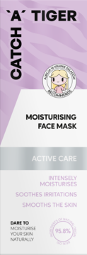 Moisturising Face Mask Catch 'A' Tiger, pionowe opakowanie fioletowo-srebrne z logo Alicji, nawilża i koi skórę.