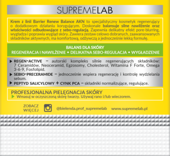 Tył żółtego opakowania kremu Supremelab Barrier Renew AKN, z opisem składników: ceramidy, cynk PCA, peptyd salicylowy.