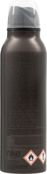 Tył ciemnoszarego męskiego dezodorantu Nike Nightfall w sprayu z tekstem, logo i symbolami ostrzegawczymi.