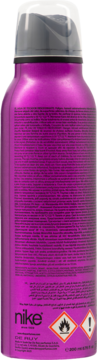 Tył fioletowego dezodorantu damskiego Nike Destiny w sprayu, z drobnym drukiem i symbolami zagrożeń.