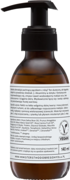 Tylna etykieta wegańskiego olejku do demakijażu Ministerstwo Róża-Malina, 140 ml, brązowa butelka z pompką.